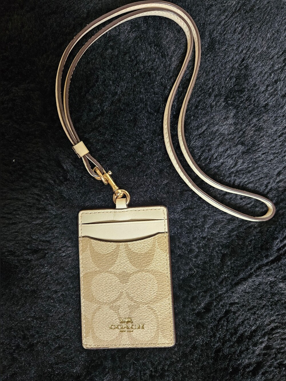Coach Beige Signature Card Holder Lanyard with Gold Hardware